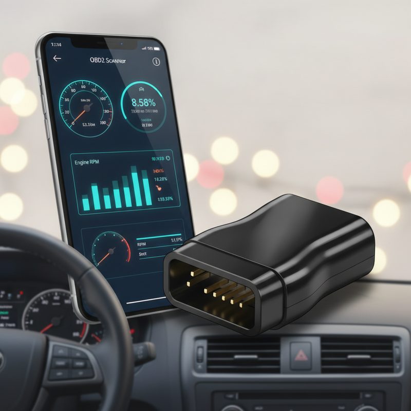 Representative small diagnostic dongle plugged in under a car dashboard beside a phone