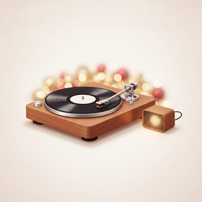 Representative turntable spinning a vinyl record beside a small wireless speaker