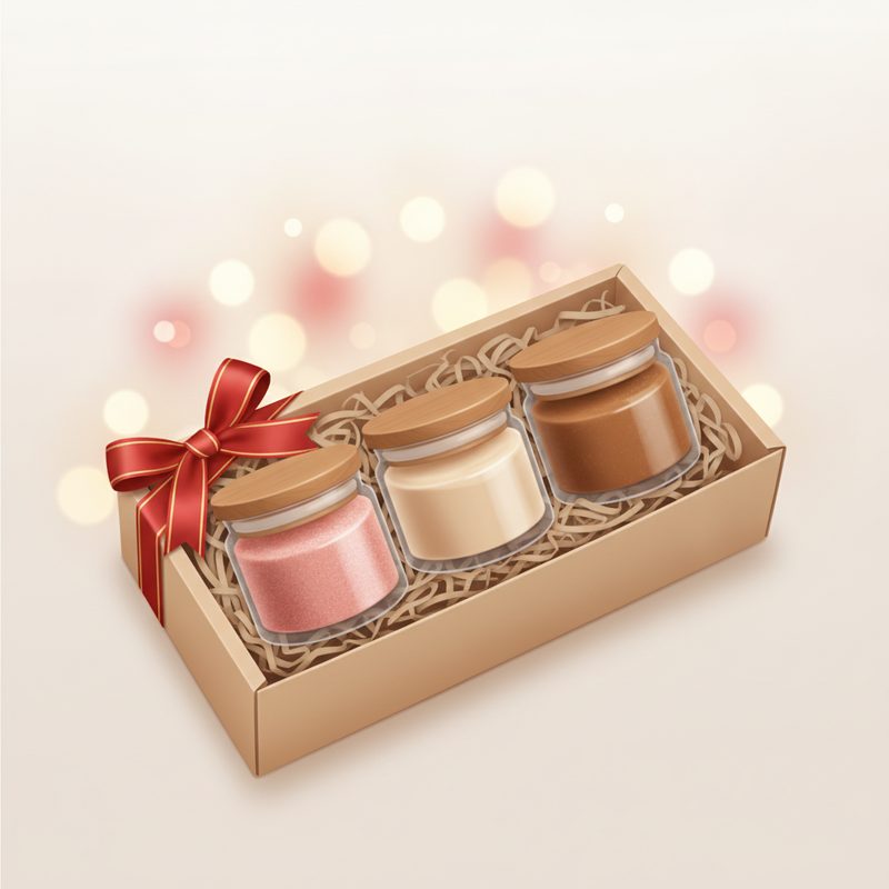 Representative jars of scented body scrub arranged in a ribboned gift box