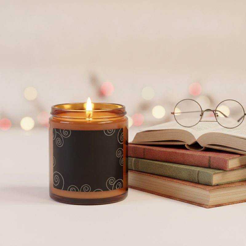 Representative lit candle in a tin beside a stack of well-worn books