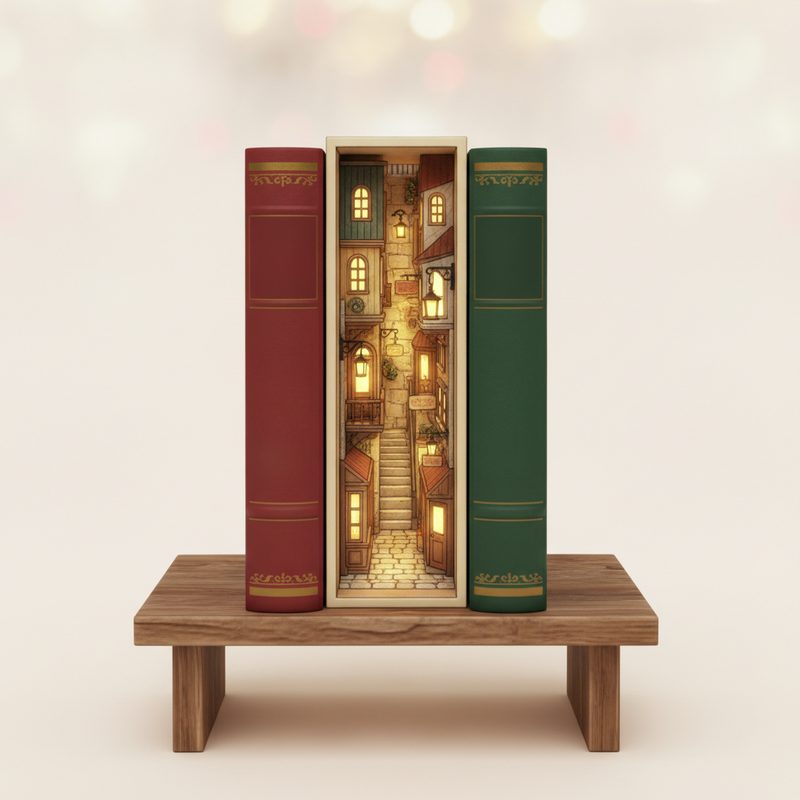 Representative miniature illuminated alleyway diorama tucked between books on a shelf
