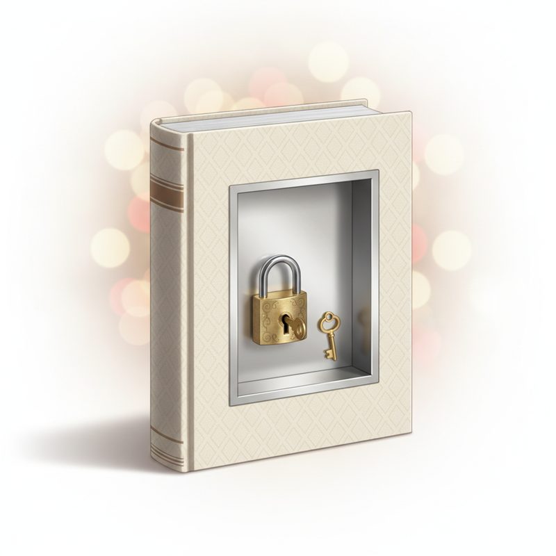 Representative hollow book safe open to show a locked compartment inside