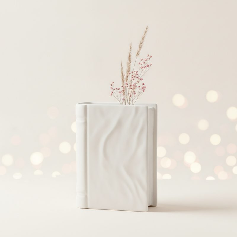 Representative open-book-shaped vase holding fresh stems on a bookshelf