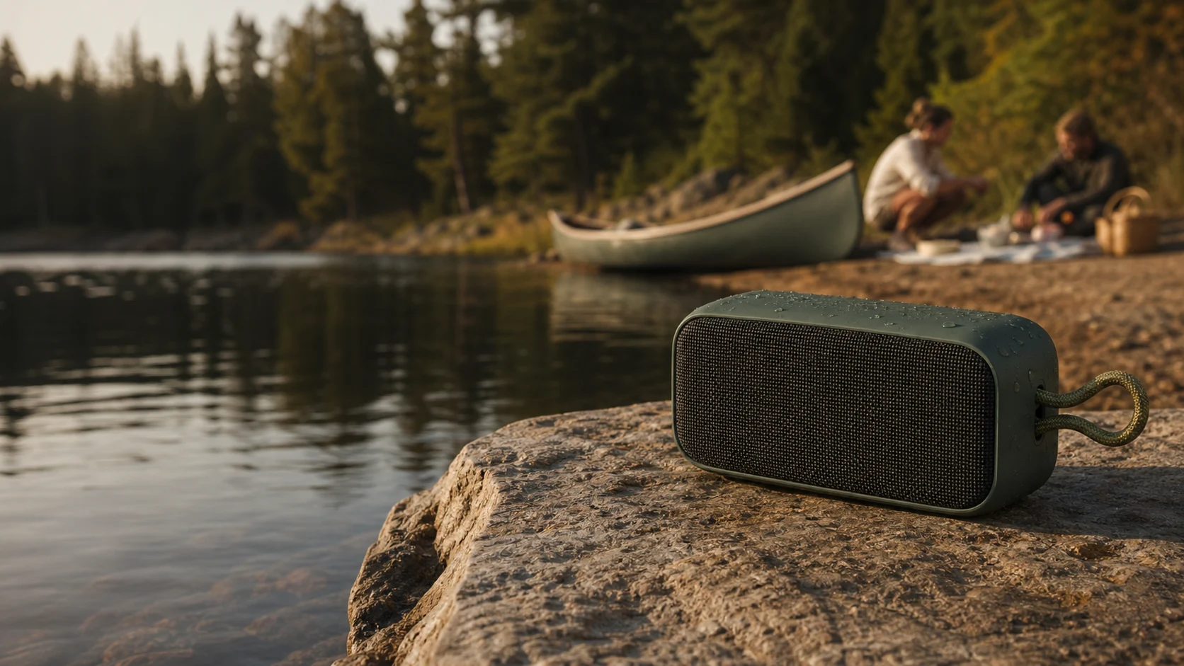 Representative compact portable speaker beside a Canadian lake