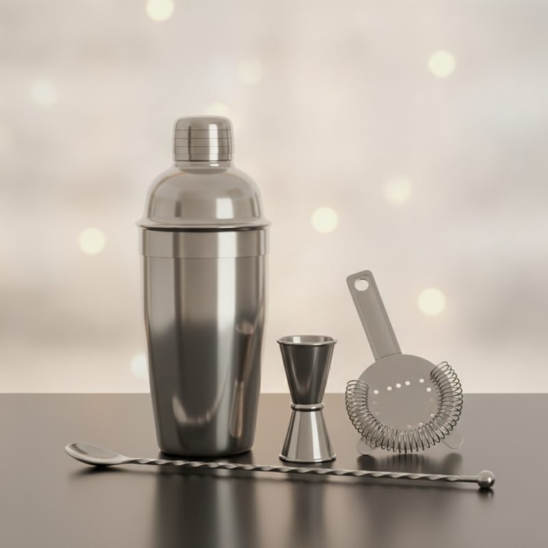 Representative stainless two-tin shaker with strainer and jigger