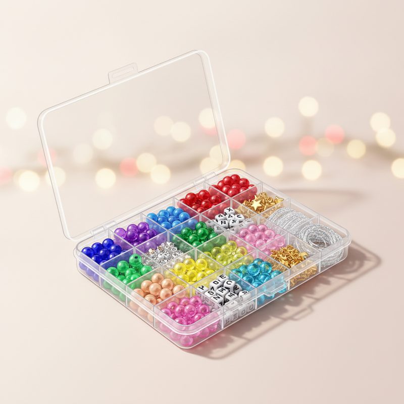 Representative craft box of colourful beads, charms, and cord organized in compartments