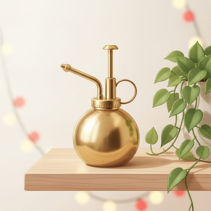Representative polished brass plant mister beside lush green houseplants