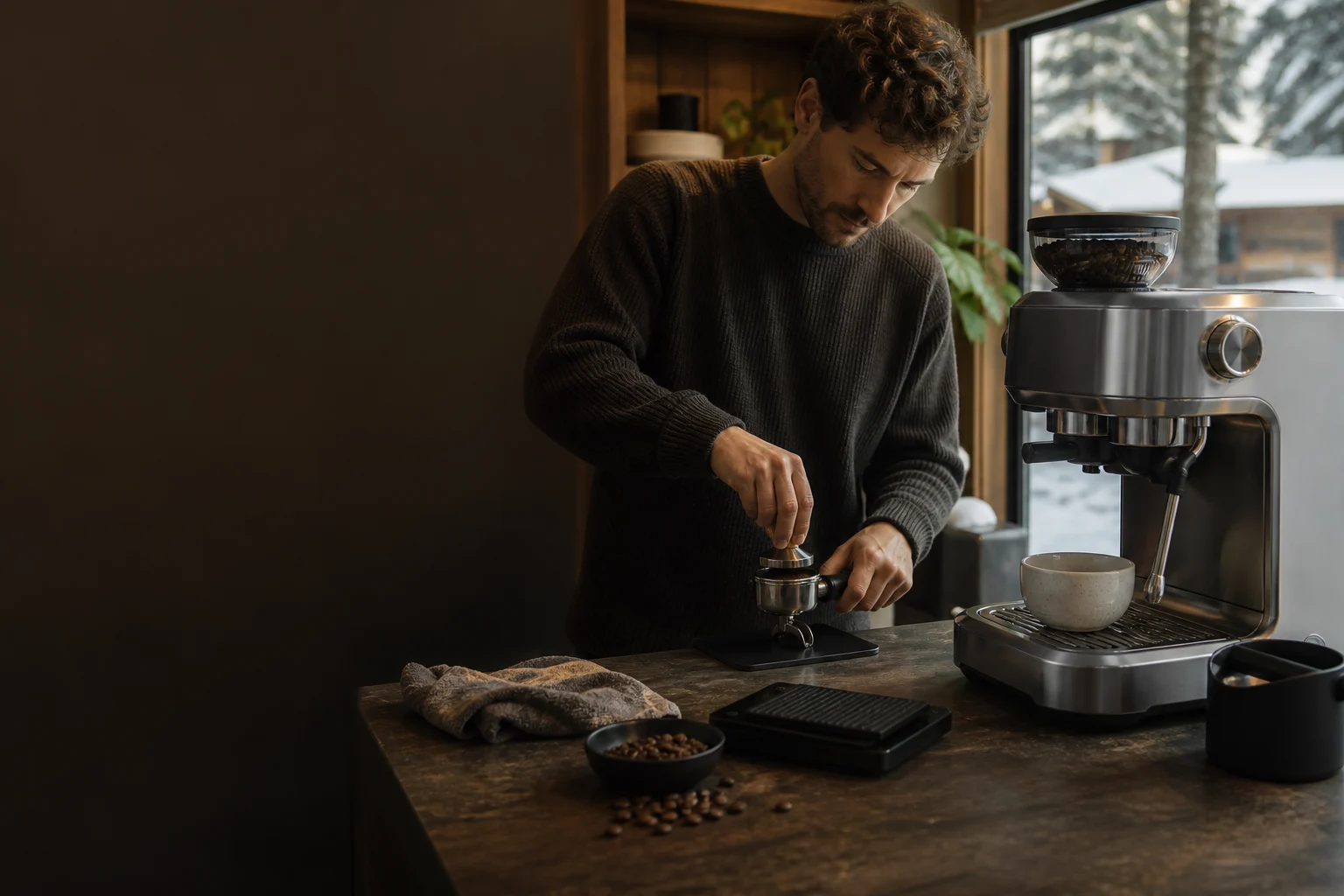 Representative integrated-grinder espresso machine during a hands-on coffee-making routine