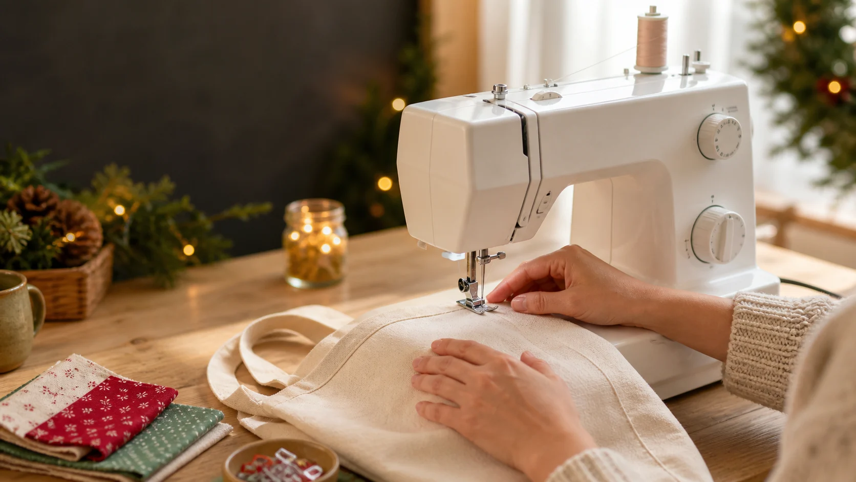 Representative beginner sewing setup with a mechanical machine and fabric
