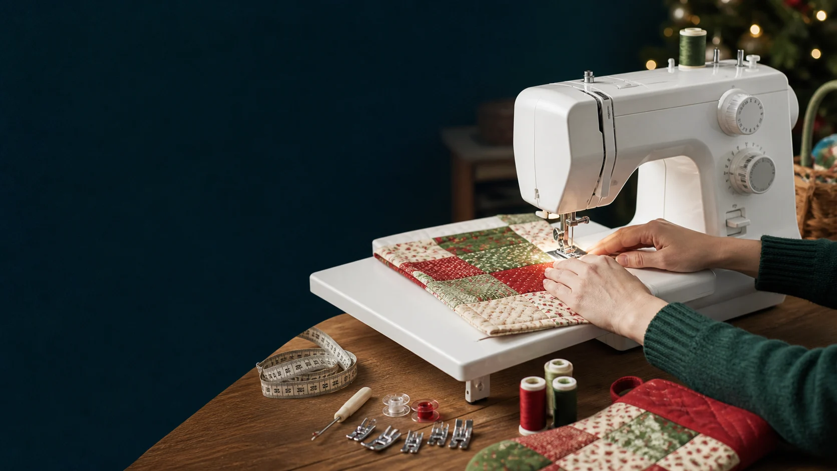 Representative mechanical sewing machine guiding festive patchwork across a wide extension table