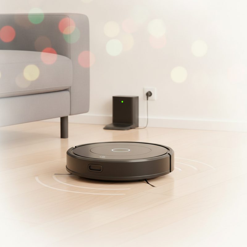 Representative round robot vacuum gliding across a living room floor