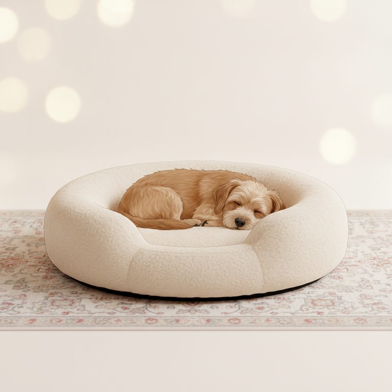 Representative round plush pet bed with a curled-up dog inside