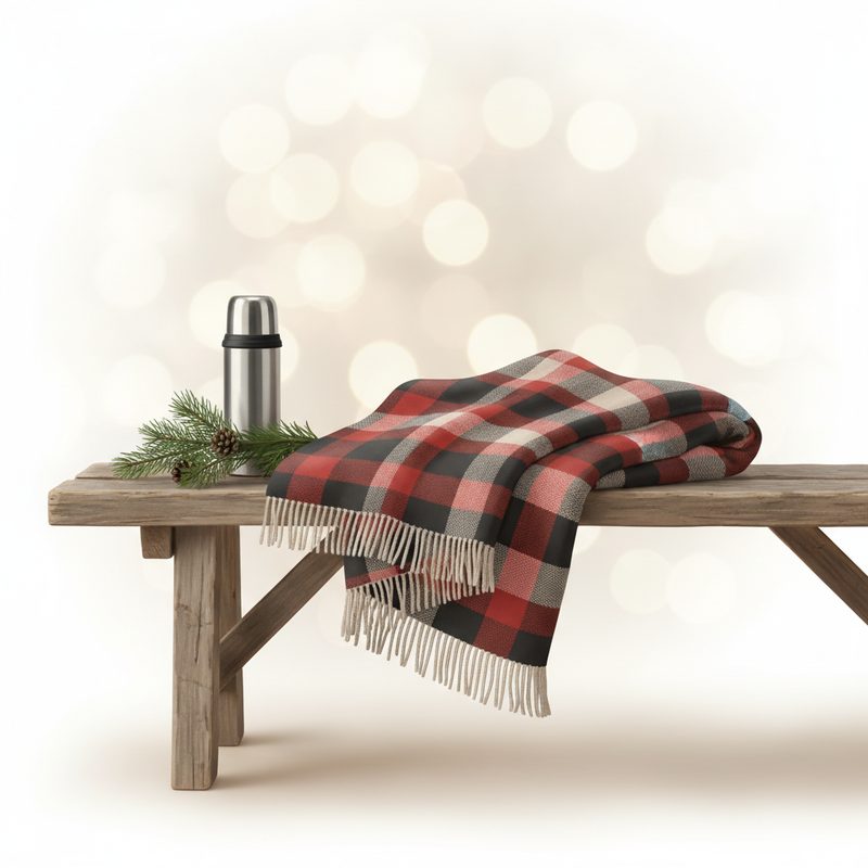 Representative folded plaid wool camp blanket draped over a wooden bench