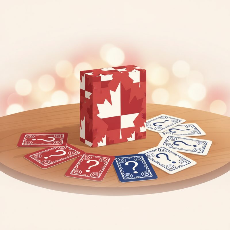 Representative trivia card game box with question cards fanned on a table