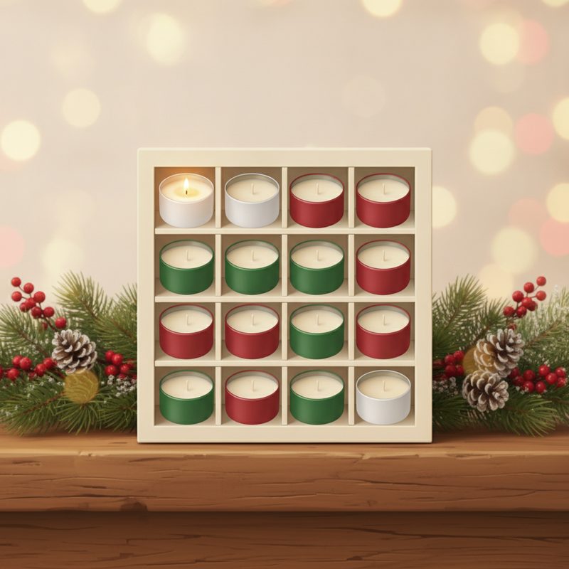 Representative gift box with compartments of small tin candles glowing on a mantel