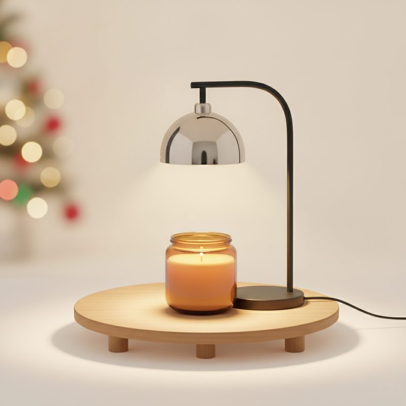 Representative candle warmer lamp glowing over a jar candle on a side table