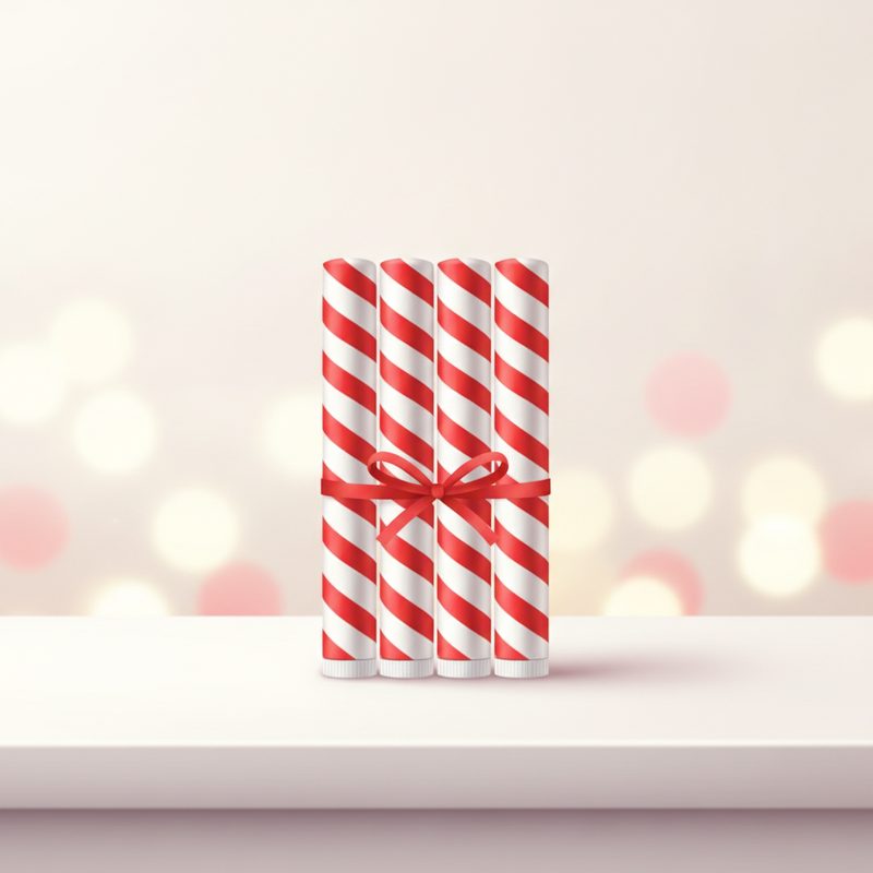 Representative candy cane striped lip balm tubes tied with a ribbon