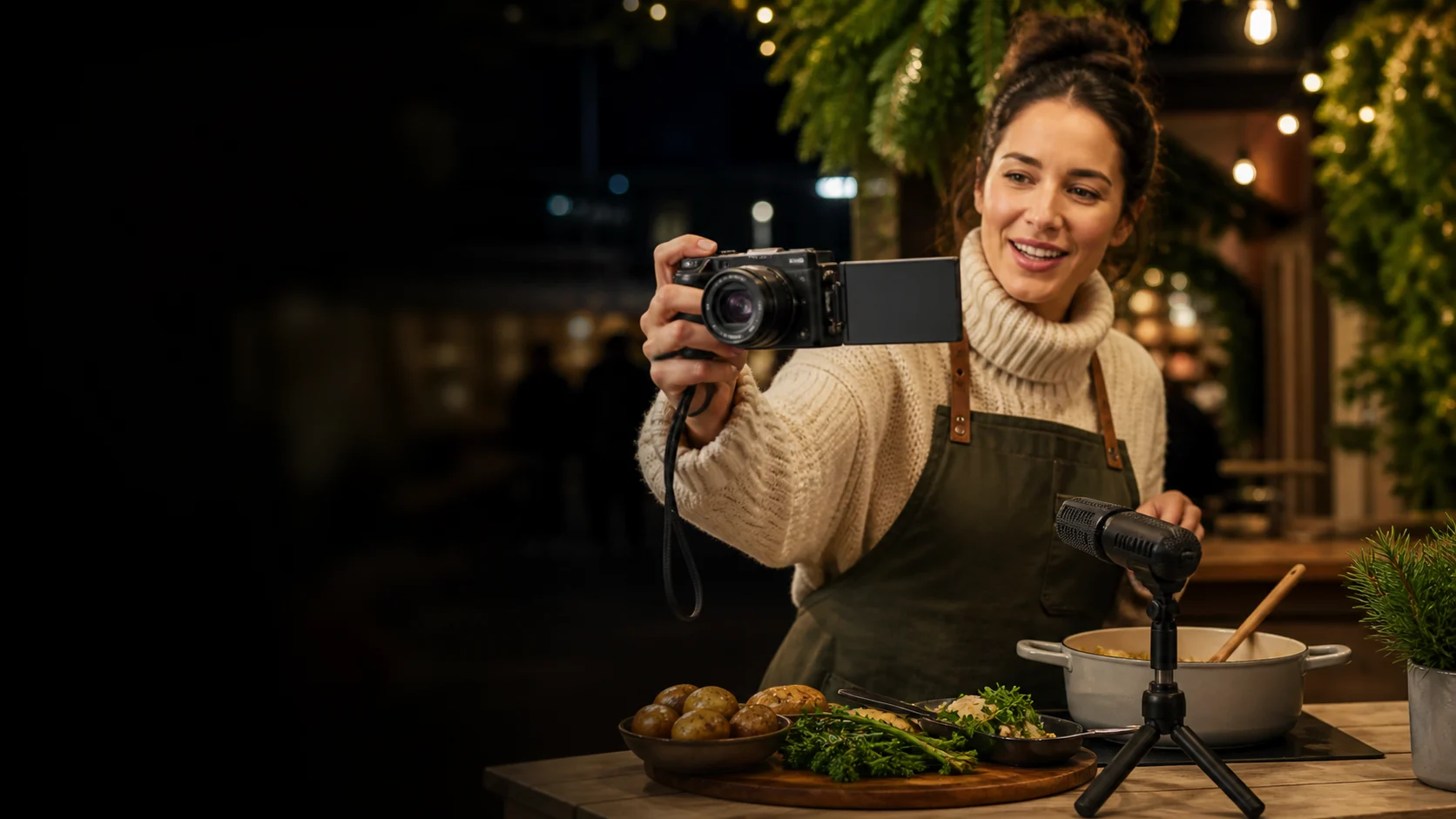 Representative food creator self-filming with a generic fixed-lens compact camera