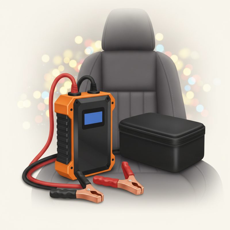 Representative compact jump starter with clamps sitting on a car seat