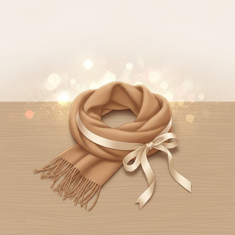 Representative camel-coloured cashmere scarf folded neatly with a ribbon on a wooden table