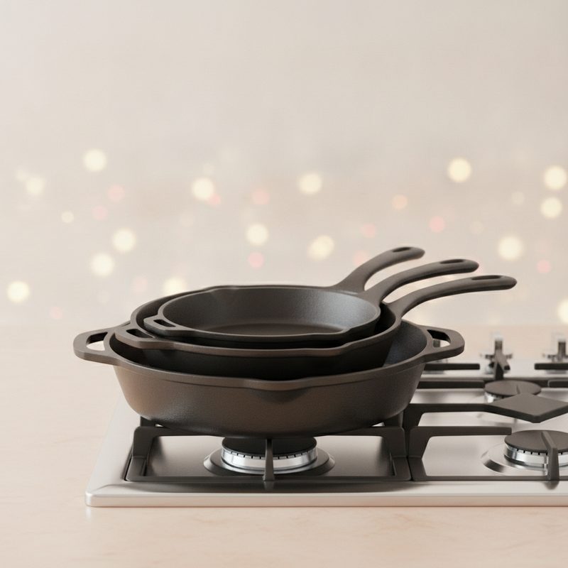 Representative set of cast iron skillets in graduated sizes stacked on a stovetop