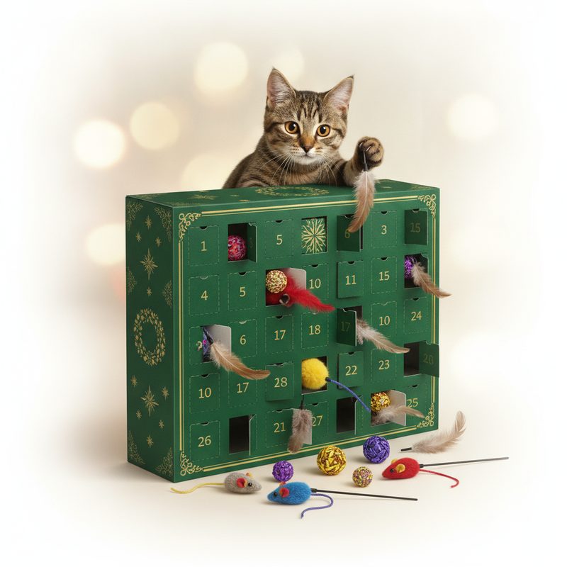 Representative holiday box with little doors and toy mice, balls, and feathers spilling out near a curious cat