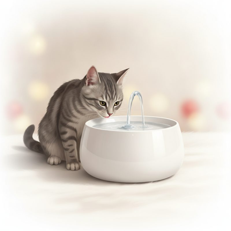 Representative pet drinking fountain with a cat leaning in to drink