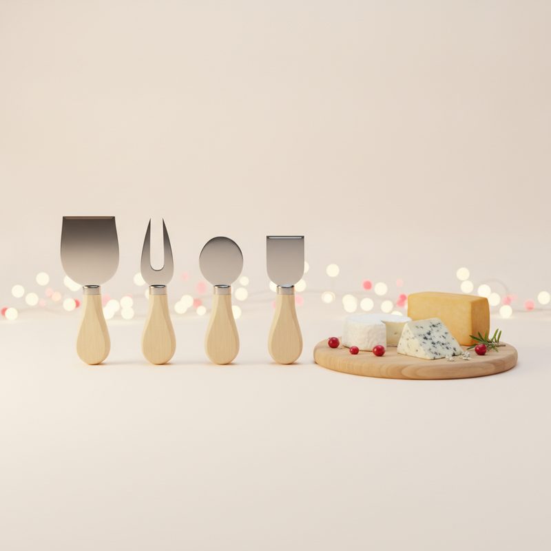 Representative set of small cheese knives and spreaders beside a wooden serving board