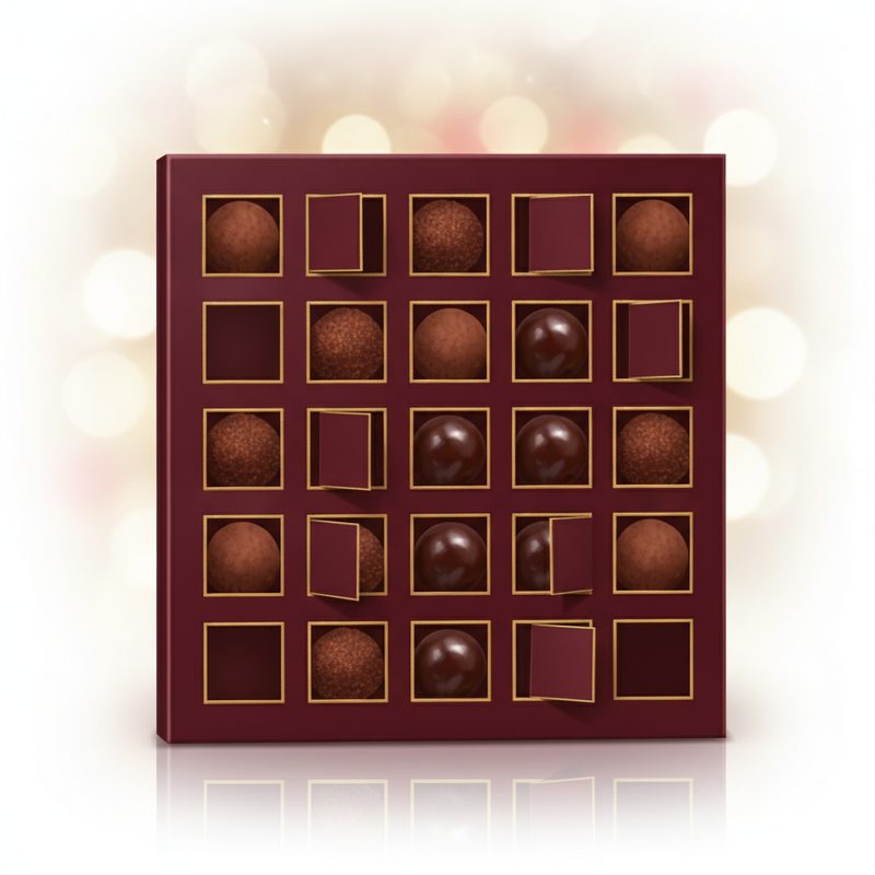 Representative elegant countdown box with windows revealing round cocoa-dusted truffles