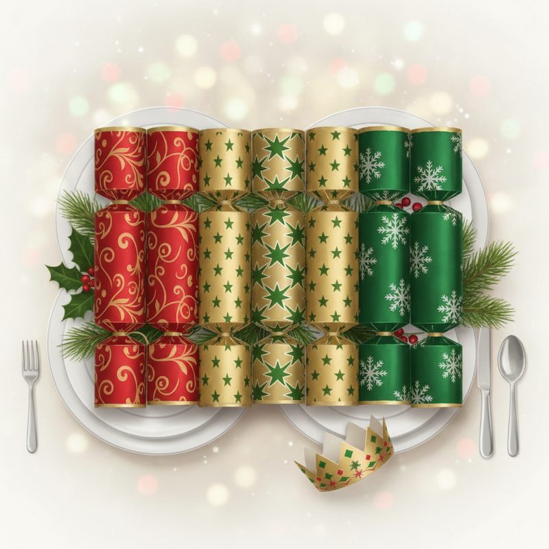Representative festive paper crackers with twisted ends arranged on a set holiday dinner table