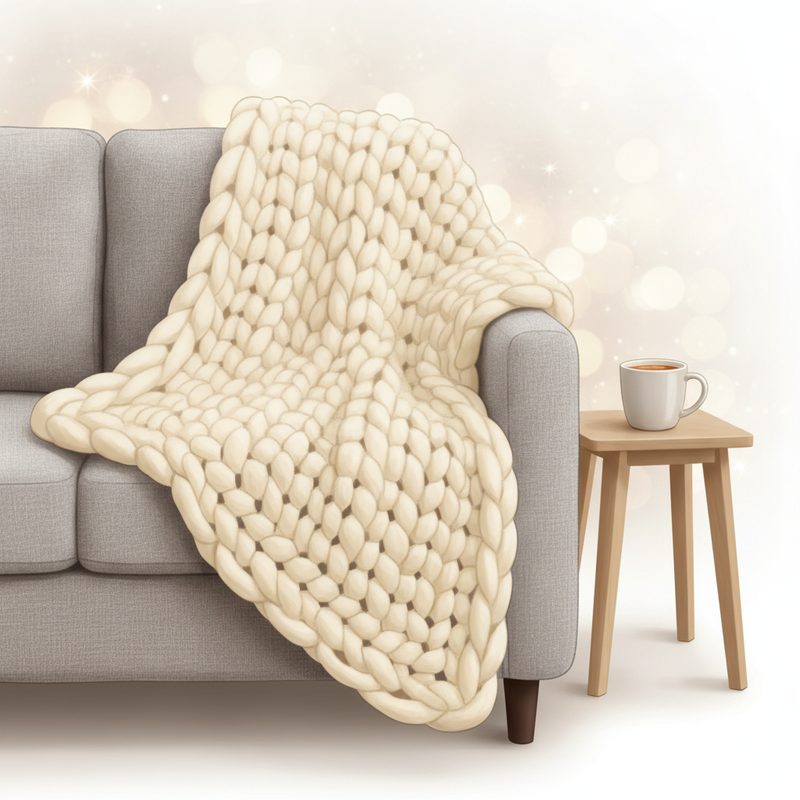 Representative chunky knit throw blanket draped across the arm of a sofa
