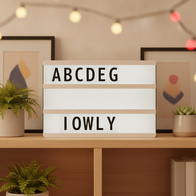 Representative marquee-style light box with letter tiles glowing on a shelf
