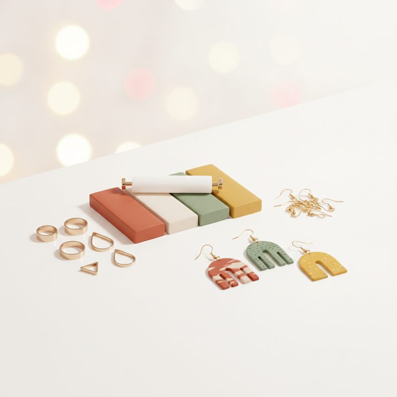 Representative clay earring kit with colourful clay blocks, cutters, and findings