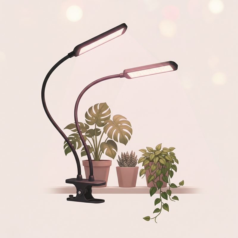 Representative clip-on grow light with flexible arms glowing over potted plants