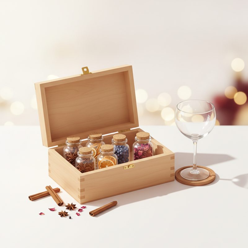 Representative cocktail infusion kit with jars of botanicals beside a glass
