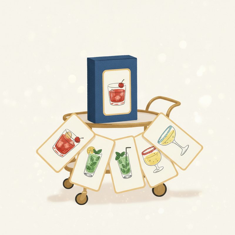 Representative boxed deck of illustrated drink recipe cards fanned out