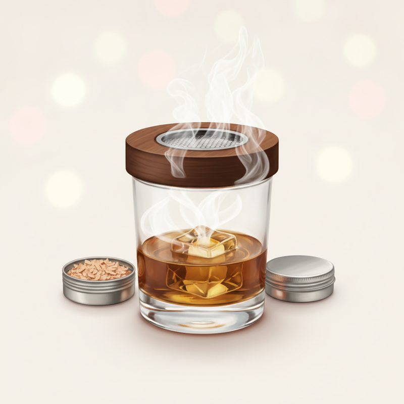Representative wooden cocktail smoker sitting on a glass with wisps of smoke