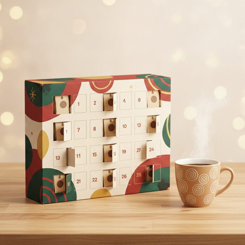 Representative festive box of numbered doors with small coffee sachets beside a steaming mug