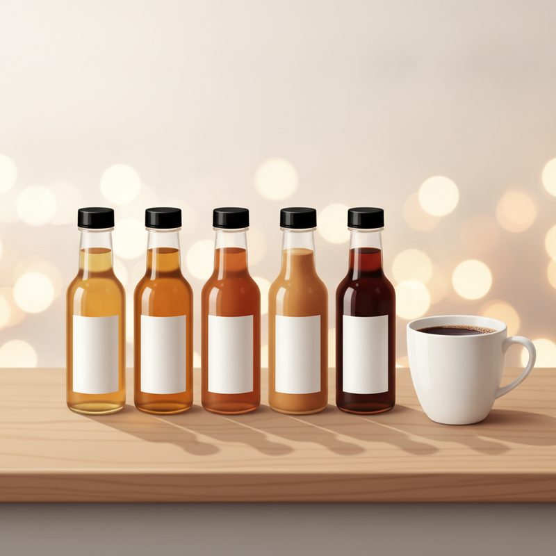 Representative set of small flavoured syrup bottles beside a coffee mug