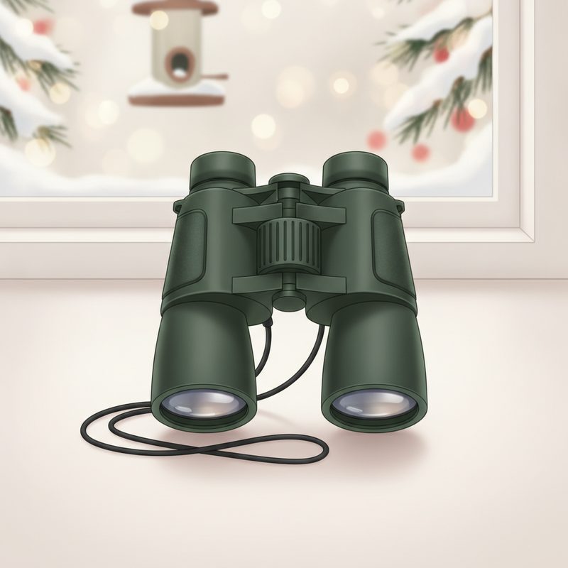 Representative compact binoculars resting on a windowsill near a bird feeder