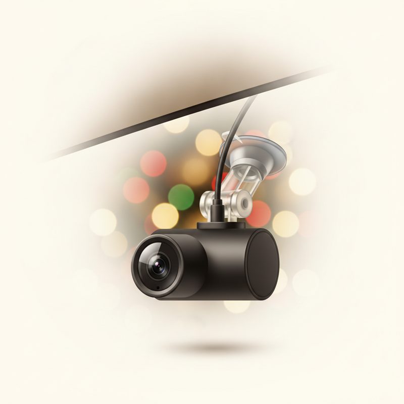 Representative small dash cam mounted behind a car's rearview mirror