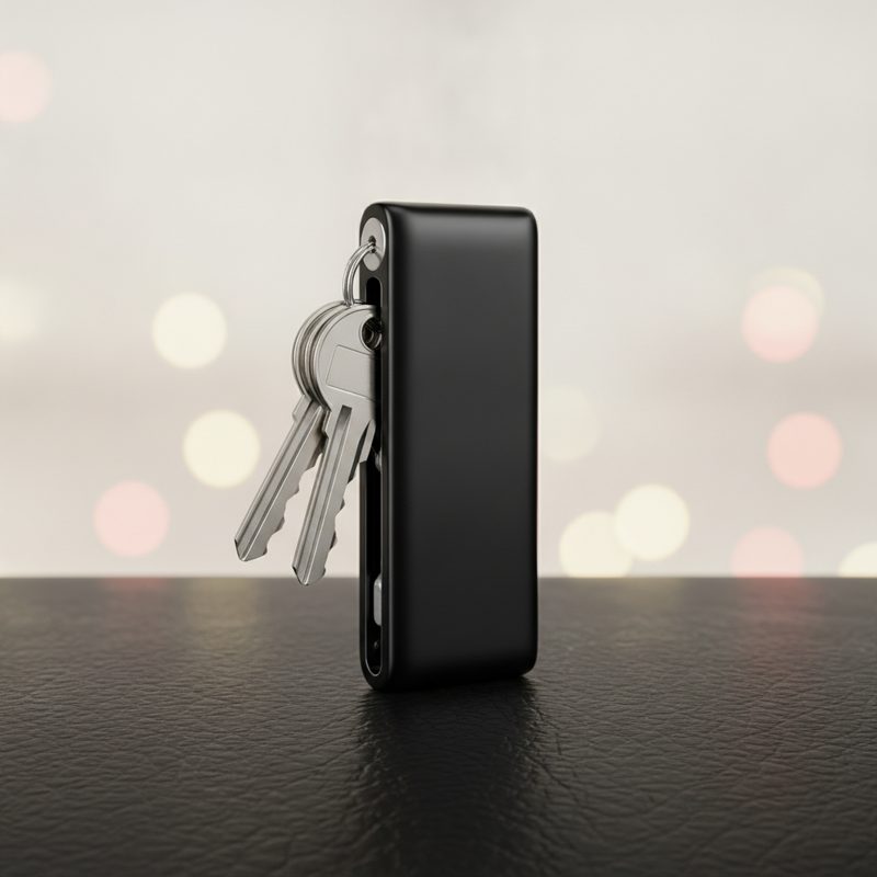 Representative slim metal key organizer with keys folded inside like a pocket knife