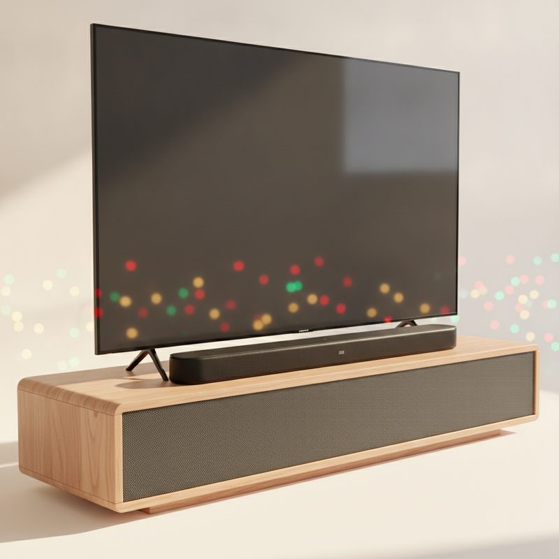 Representative slim soundbar sitting below a wall-mounted television