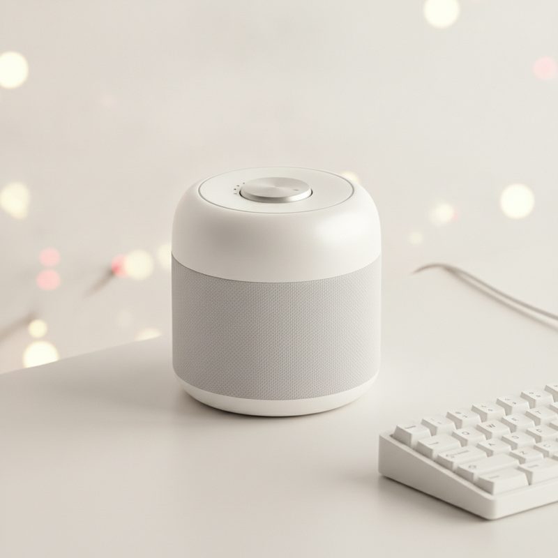 Representative compact white noise machine sitting on a desk near a keyboard