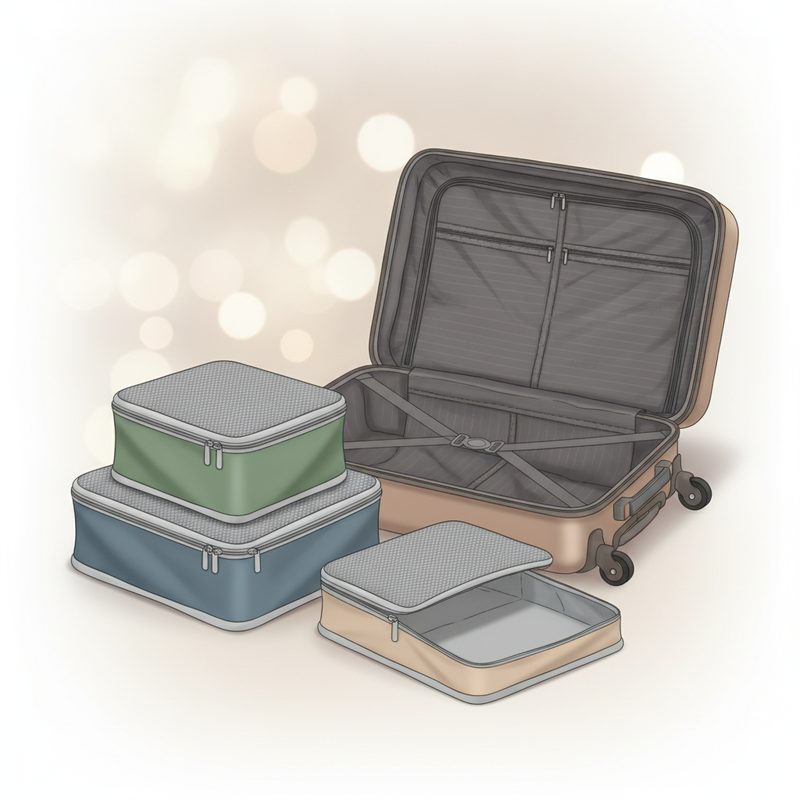 Representative set of zippered compression packing cubes arranged beside an open suitcase