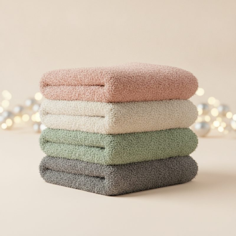 Representative folded stack of plush fuzzy socks in soft winter colours