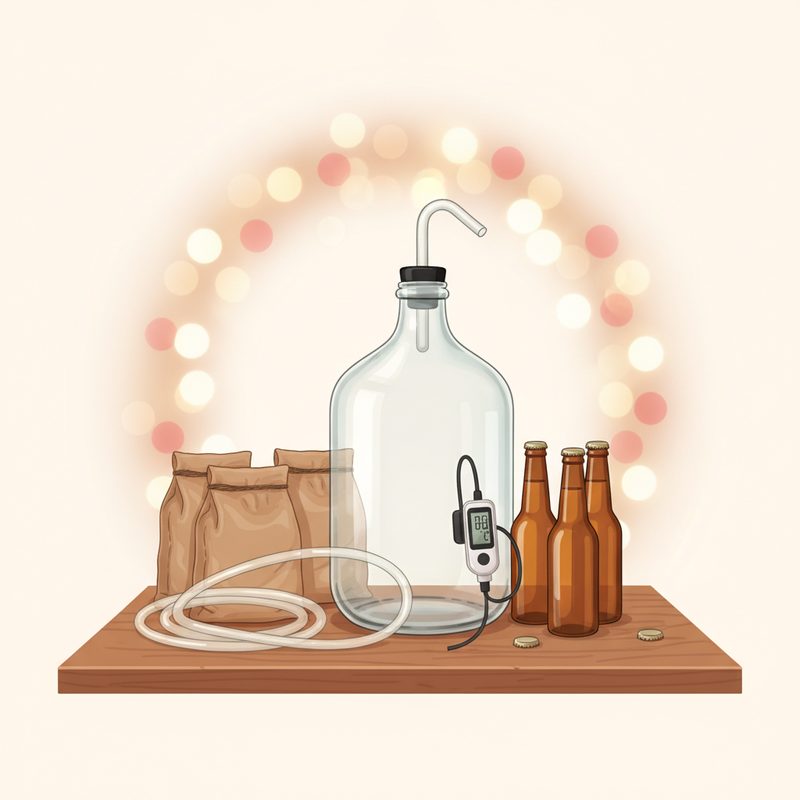 Representative homebrewing kit with a fermenting jug, tubing, and ingredient packs