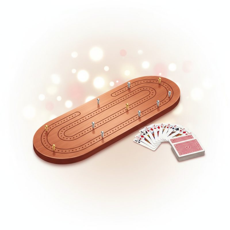 Representative wooden cribbage board with pegs and a deck of cards