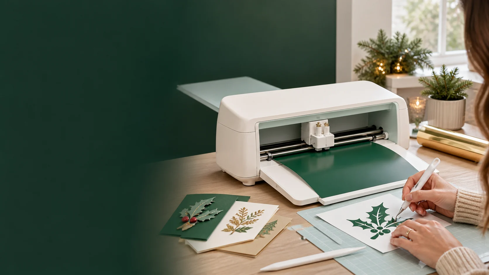 Representative cutting machine feeding green vinyl beside handmade holiday cards