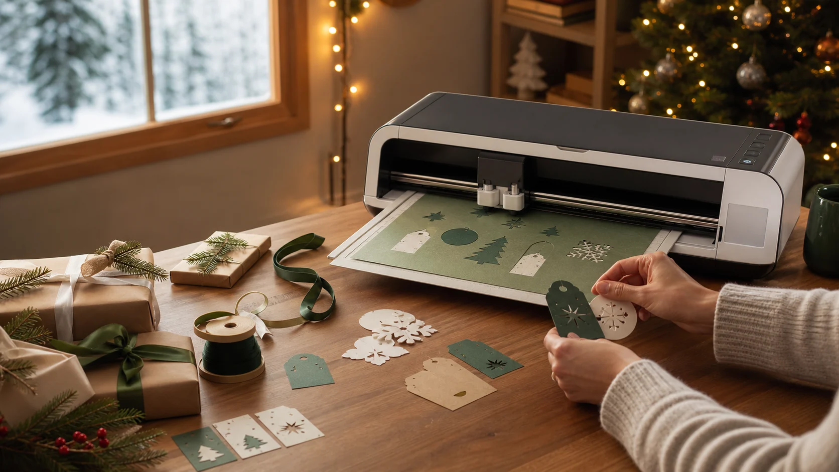 Representative smart cutting machine workspace making holiday gift tags